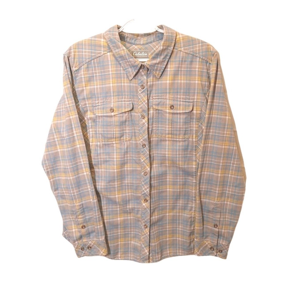 Cabela's Womens 2XL Plaid Long Sleeve Soft Button Down Shirt Grey Blue Yellow